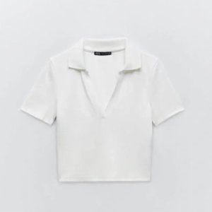 ZARA Cropped V Neck Polo in White Size Small
